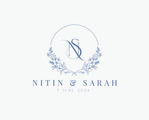 Wedding logo wreath vector design royal style blue color illustration monogram crest design