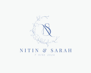 Fototapeta premium Wedding logo wreath vector design royal style blue color illustration monogram crest design