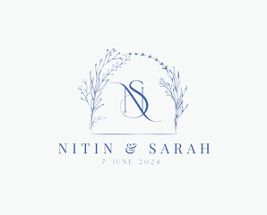 Wedding logo wreath vector design royal style blue color illustration monogram crest design