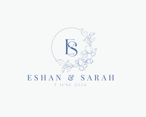 Wedding logo wreath vector design royal style blue color illustration monogram crest design