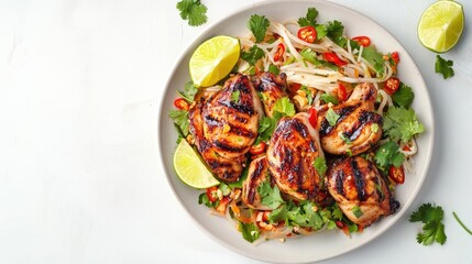 A vibrant plate of spicy som tam papaya salad served with juicy, grilled chicken thighs, garnished with fresh herbs and lime wedges, set against a clean background.