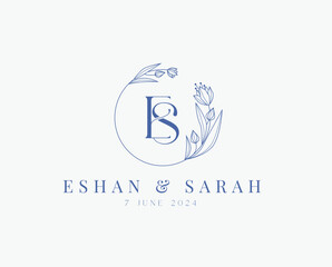 Wedding logo wreath vector design royal style blue color illustration monogram crest design