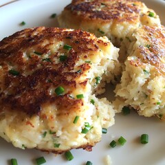 Crispy Potato Pancakes: A close-up shot of two golden-brown potato pancakes, one cut open to reveal its fluffy interior.  Fresh chives sprinkle over the dish.