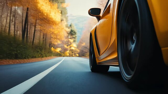 Low angle view on a fast yellow sport car driving empty road in autumn forest 