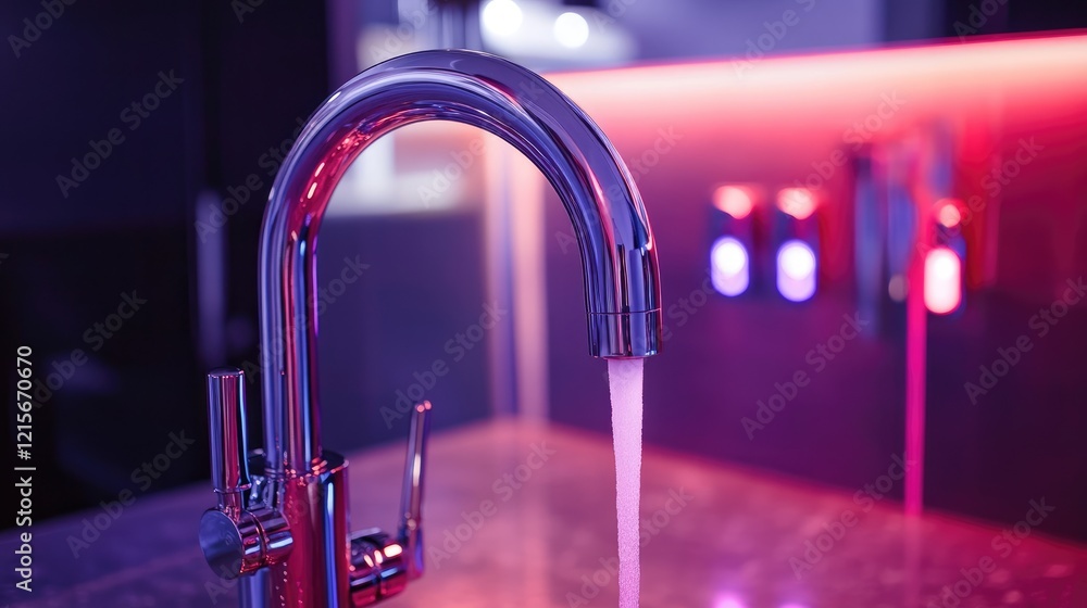 Poster a close-up of a smart faucet's led temperature indicators in a futuristic setting.