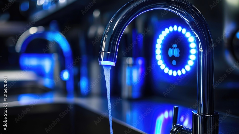 Poster a close-up of a smart faucet's led temperature indicators in a futuristic setting.