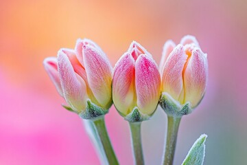 Fototapeta premium Three pink tulips in soft focus, covered in delicate frost.