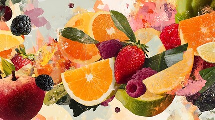 Watercolor Painting of a Vibrant Fruit Still Life with Oranges, Strawberries, and Raspberries