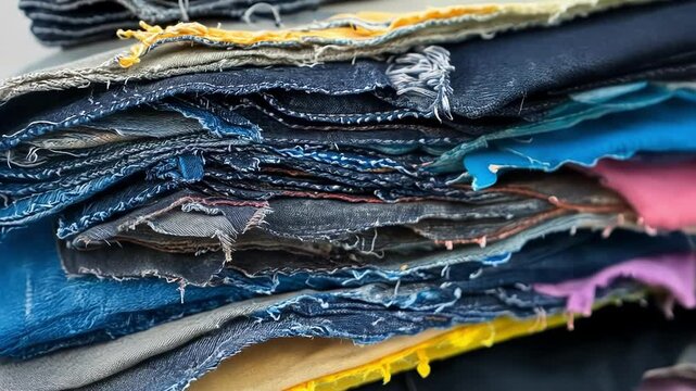 Layers of recycled denim scraps stacked together, featuring frayed edges and various shades of blue, create an abstract textured background for upcycling in fashion and textile art