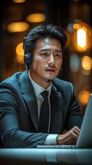 Focused Businessman Working Late at Night in dimly lit Office, Intense Concentration and Pressure shown in his Expression