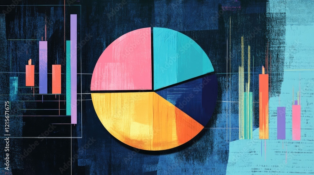 Poster a visual display of a pie chart alongside a line graph, showing diversified portfolio allocations an