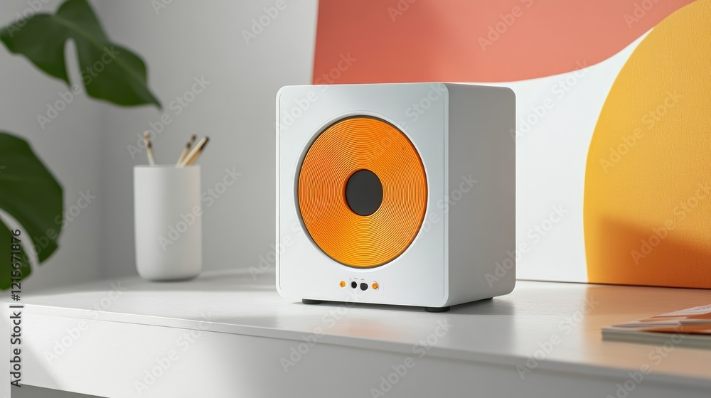 Poster a compact recorder placed on a clean white desk with a pop of color in the background.