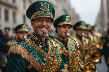 Fototapeta premium Energetic marching band in green uniforms. St. Patrick's Day parade confetti