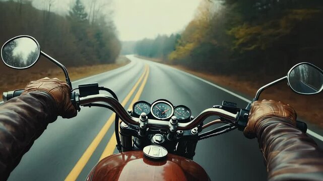 Motorcyclist drives on a motorcycle with wooden elements in leather gloves on the empty road 