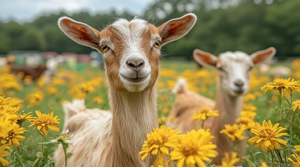 Friendly Goat in a Field of Yellow Flowers