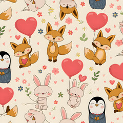 valentine pattern with hearts and cute animals 