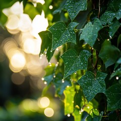 Dew-kissed ivy leaves bathed in soft sunlight.