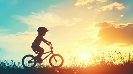 Obraz premium A whimsical silhouette of a child learning to ride a bicycle, with a playful stance and a backdrop of a sunny day, evoking nostalgia and childhood memories.