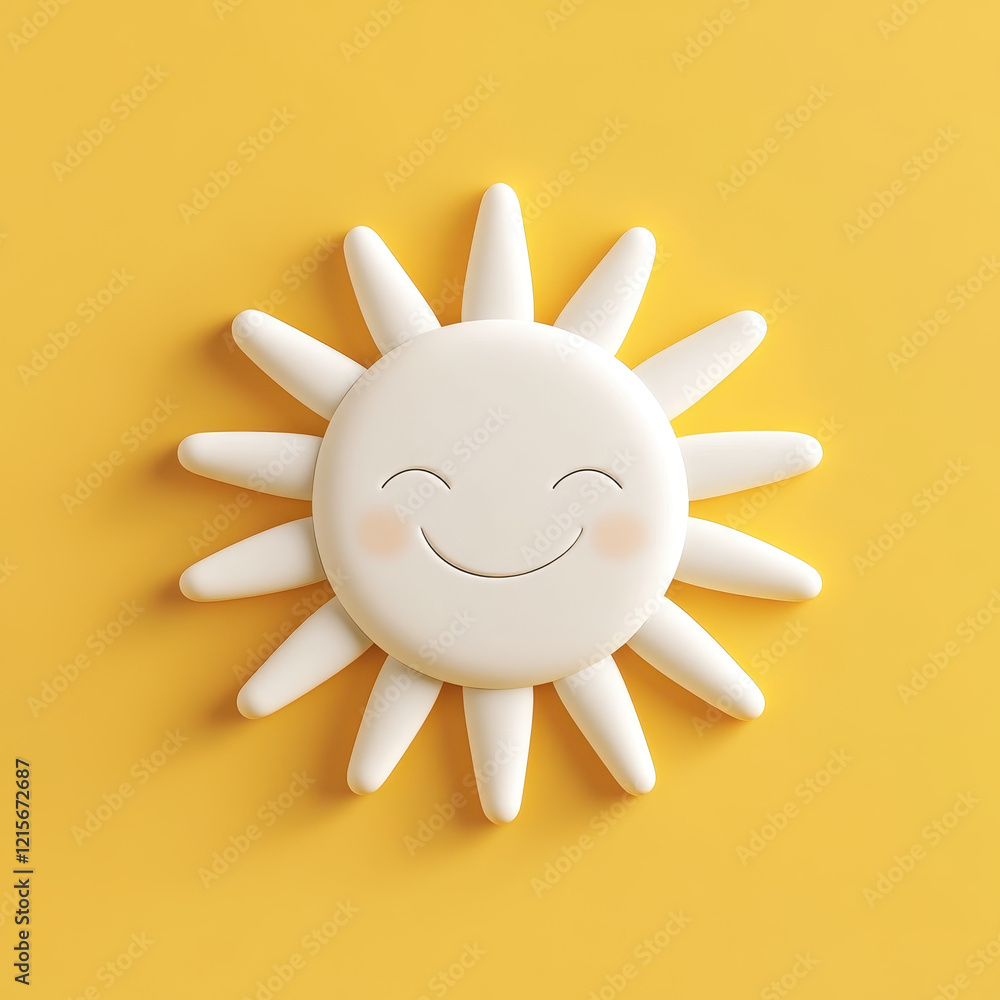 Poster cheerful sun icon with smiling face, clay inspired design on bright yellow background. perfect for a