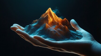 Glowing Miniature Mountain in Hand: A Mystical Digital Art Piece
