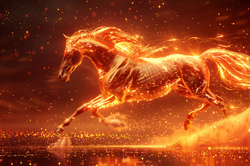 Fototapeta premium high resolution concept art of a shiny golden horse with glowing light particles and glittering dust on a red background, jumping powerfully