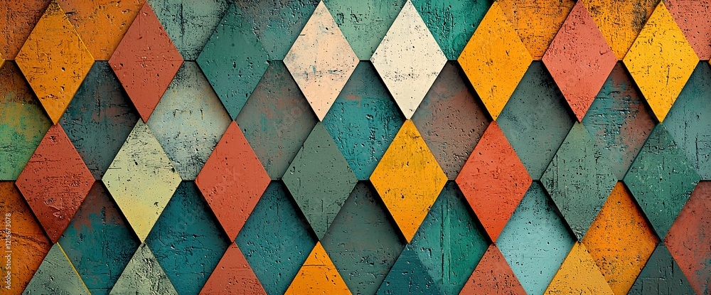 Poster abstract geometric pattern of colorful diamond shapes with textured surface.