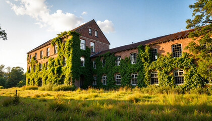 Abandoned factory building overgrown with vines under afternoon light, decay