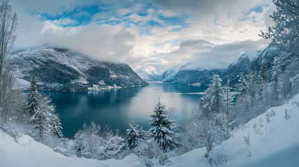 Obraz premium Panoramic winter landscape with snow-covered trees and majestic mountains under a cloudy sky, capturing the serene beauty of nature. Majestic Fjord. Illustration