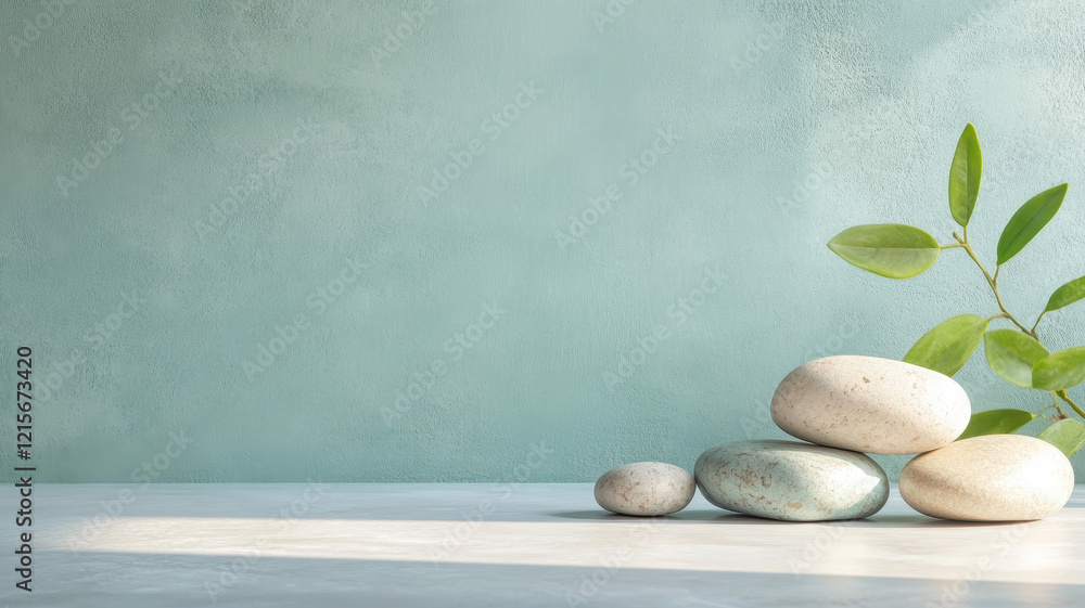 Aufkleber smooth stones stacked on serene surface with muted teal background and green leaves, creating calmin