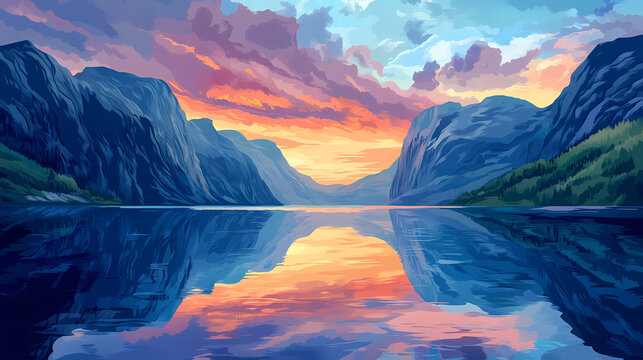 Serene fjord landscape; majestic mountains reflect in tranquil blue water under a vibrant sky. ideal for travel, nature, and serenity themes. Majestic Fjord. Illustration