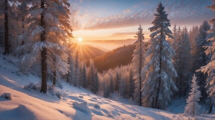 Fototapeta premium Photograph of a Winter Wonderland Featuring Snow-Covered Trees and Icy Terrain