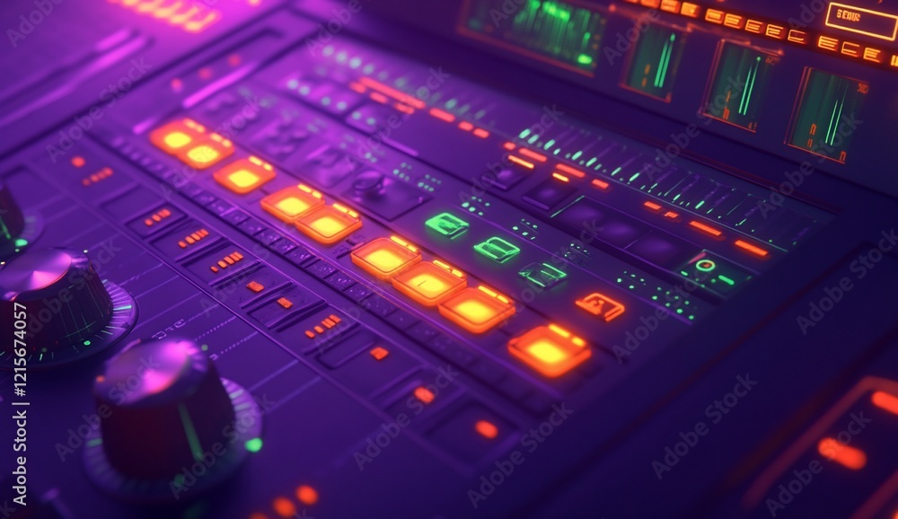 Poster close-up of a futuristic music production console with glowing buttons and knobs.