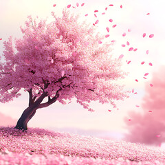 A Japanese cherry blossom tree with pink petals falling gently in the wind Image size 16:9 