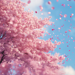 A Japanese cherry blossom tree with pink petals falling gently in the wind Image size 16:9 