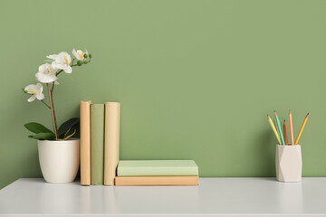 Stylish workplace with stationery and houseplant near green wall