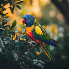 Fototapeta premium A colorful parrot perched on a branch surrounded by tropical greenery with blurred background Image size 16:9 