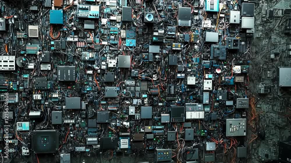 Poster intricate network of wires connecting various electronic music devices, creating a visually complex 