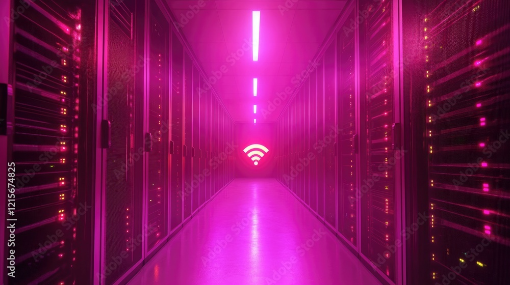 Poster a glowing g signal icon emerging from a server rack in a data center.