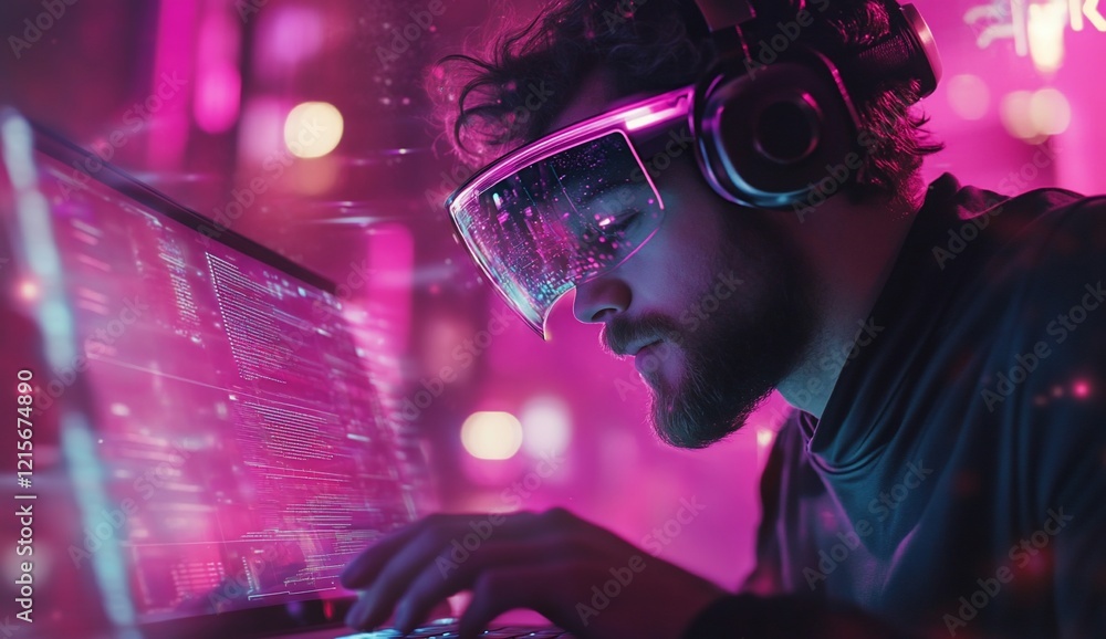 Aufkleber man wearing vr headset coding at night.