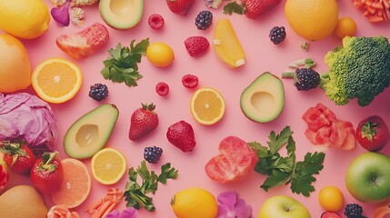 A vibrant mix of fruits and vegetables on a pink background