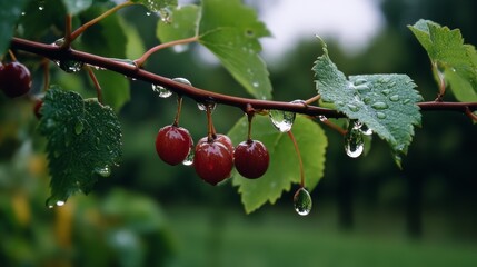 Fresh berries glisten with raindrops among vibrant green leaves, capturing a moment of natural beauty and bounty after rain.