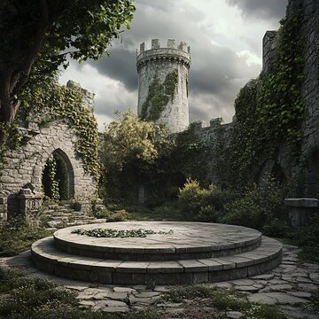 Overgrown stone castle ruins with central circular platform.