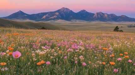 Vibrant wildflowers bloom in a vast field at sunset, with majestic mountains in the background.