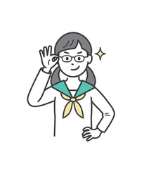 眼鏡を上げてニヤリと笑い自信を見せる女子学生
