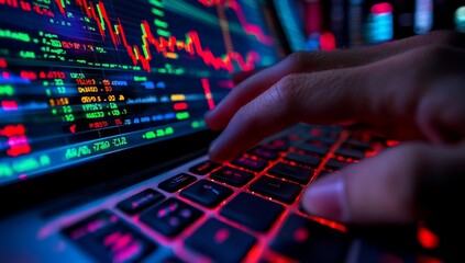 Close-up of hands typing on laptop displaying stock market data. (1)