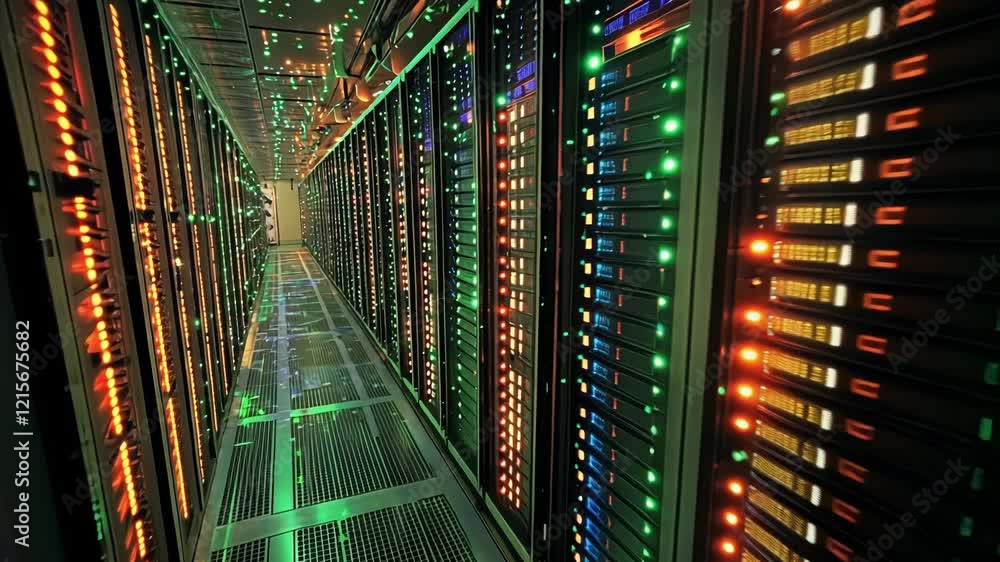 Poster colorful server room lights are blinking on cabinets inside a data center, creating a futuristic tec