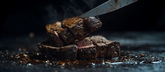 Sizzling steak sliced with a knife on dark surface.