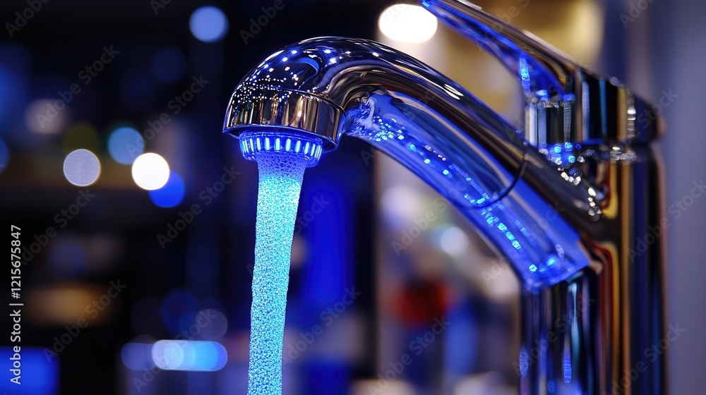 Poster a high-tech smart faucet with glowing led temperature display, running water.