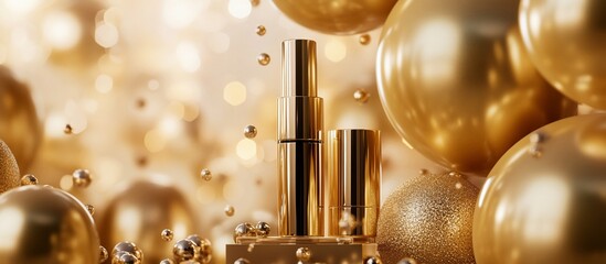 Gold cosmetic tubes amidst shiny spheres.
