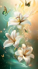 Dreamlike White Lilies and Butterflies A Serene Floral Fantasy